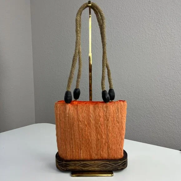 Orange Brown Natural Woven Wood Purse Tote Shoulder Bag Zip Closure - Picture 2 of 16